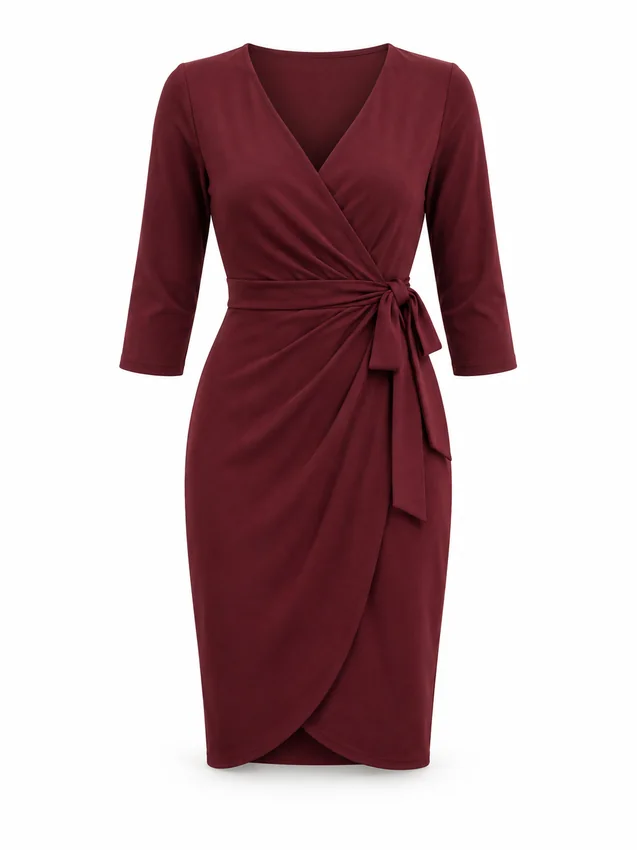 Wrap office dress in burgundy