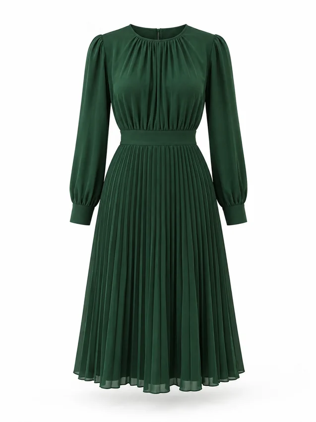 Pleated midi dress in forest green