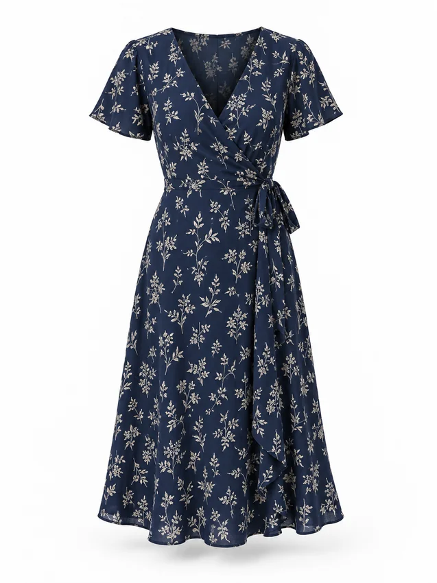 Printed wrap midi dress in navy