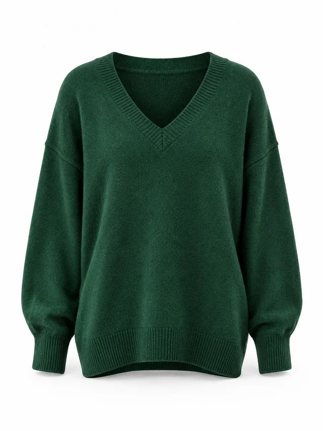 Relaxed V-neck jumper in forest green