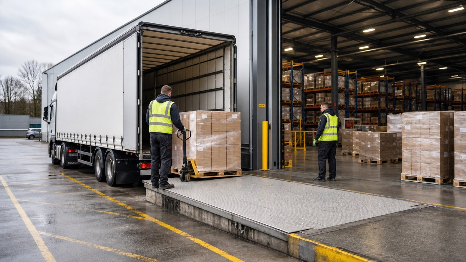 Warehouse operatives moving a shrink-wrapped pallet from an unbranded delivery lorry